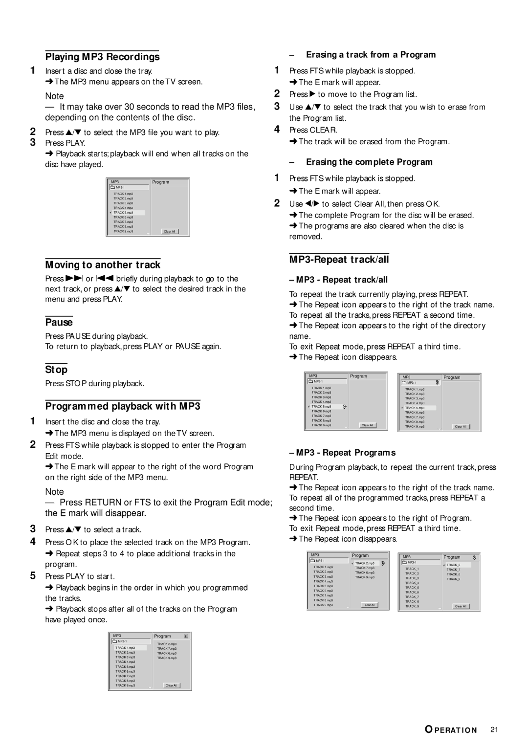 Philips DVD704 owner manual Playing MP3 Recordings, Stop, Programmed playback with MP3, MP3-Repeat track/all 