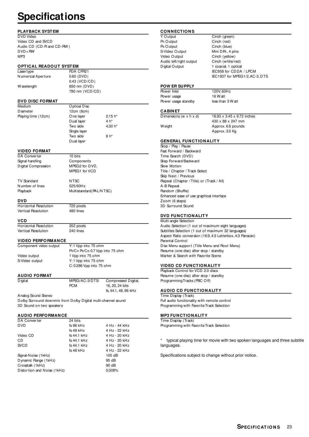 Philips DVD704 owner manual Specifications, DVD Disc Format 