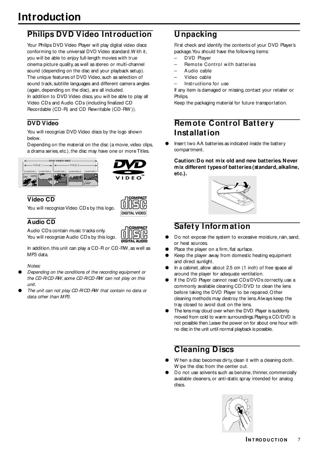 Philips DVD704 owner manual Introduction 