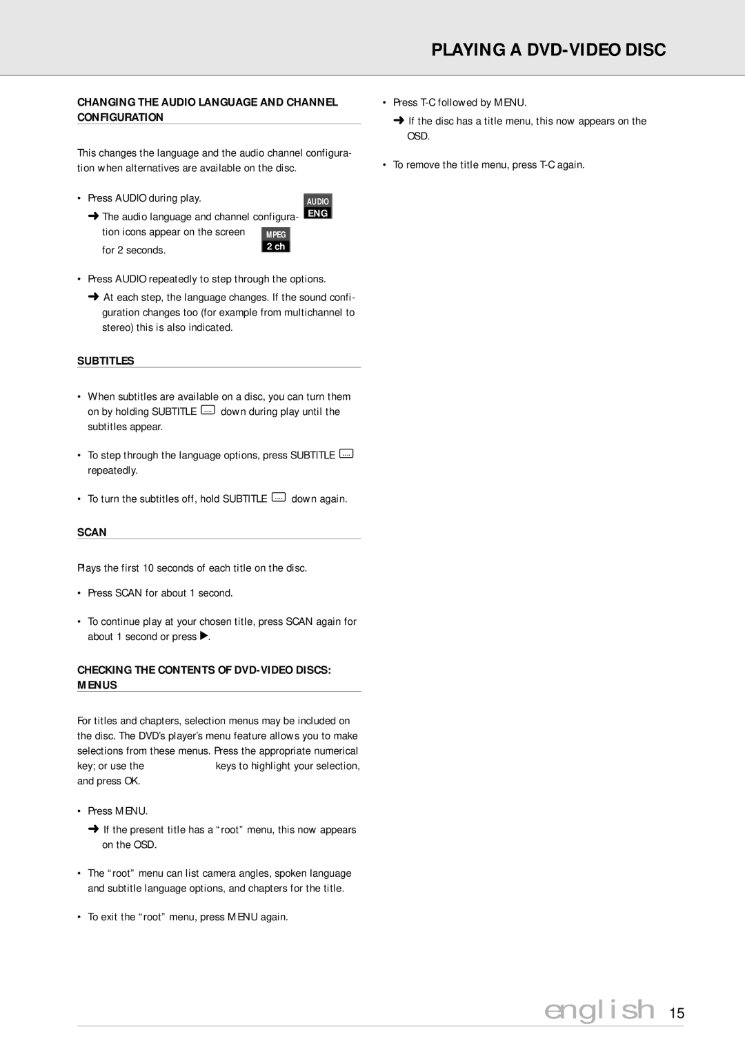 Philips DVD710/05 manual Changing the Audio Language and Channel Configuration, Subtitles, Scan 