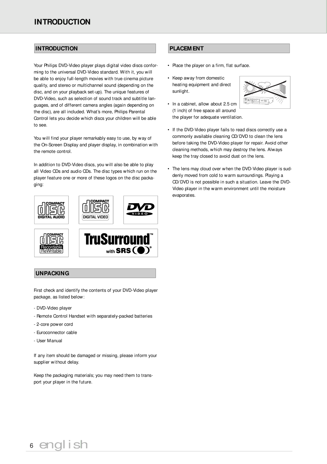 Philips DVD710/05 manual Introduction Placement, Unpacking, Player for adequate ventilation 