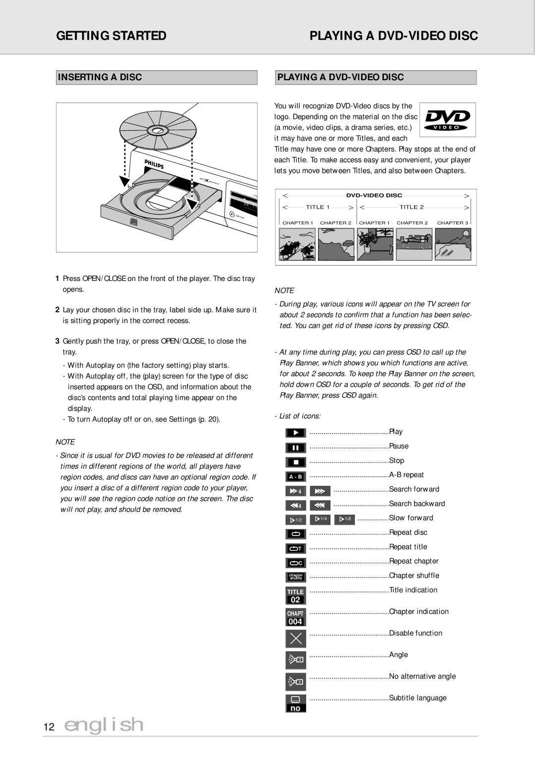 Philips DVD710/05 manual Getting Started Playing a DVD-VIDEO Disc, Inserting a Disc Playing a DVD-VIDEO Disc 