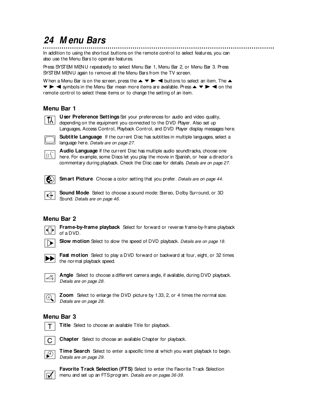 Philips DVD712 owner manual Menu Bars 