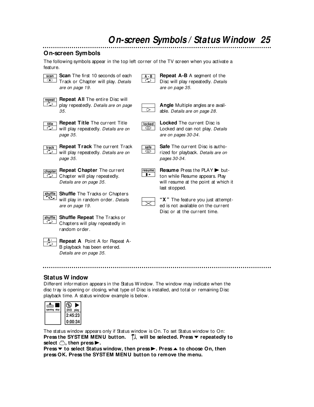 Philips DVD712 owner manual On-screen Symbols / Status Window 