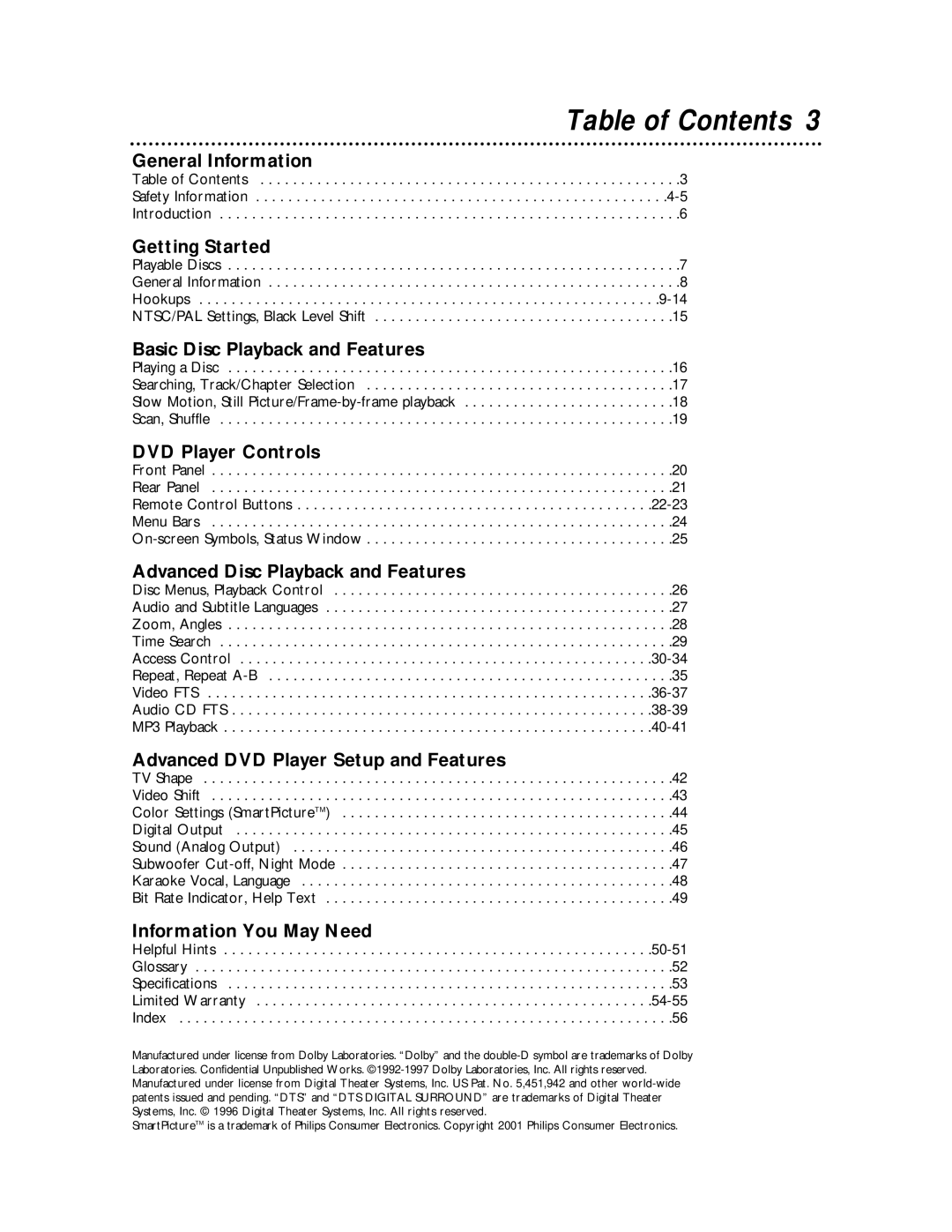 Philips DVD712 owner manual Table of Contents 