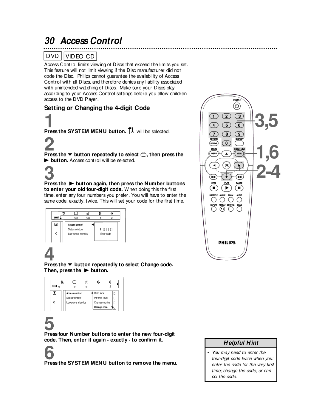 Philips DVD712 owner manual Access Control, Setting or Changing the 4-digit Code 