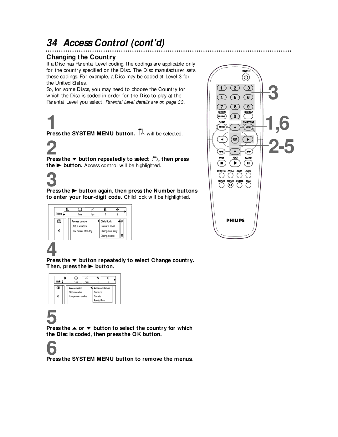 Philips DVD712 owner manual Access Control contd, Changing the Country 