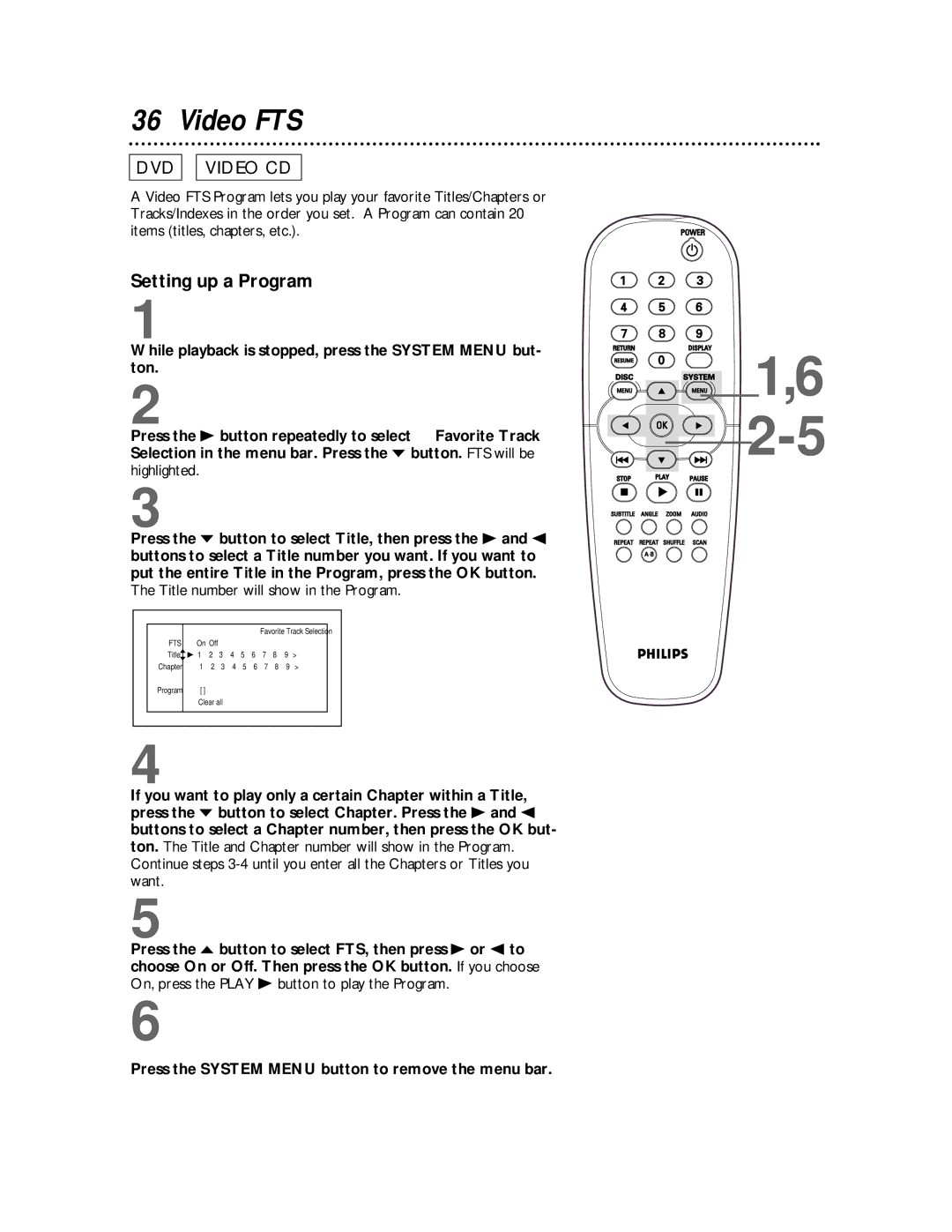 Philips DVD712 owner manual Video FTS, Setting up a Program 