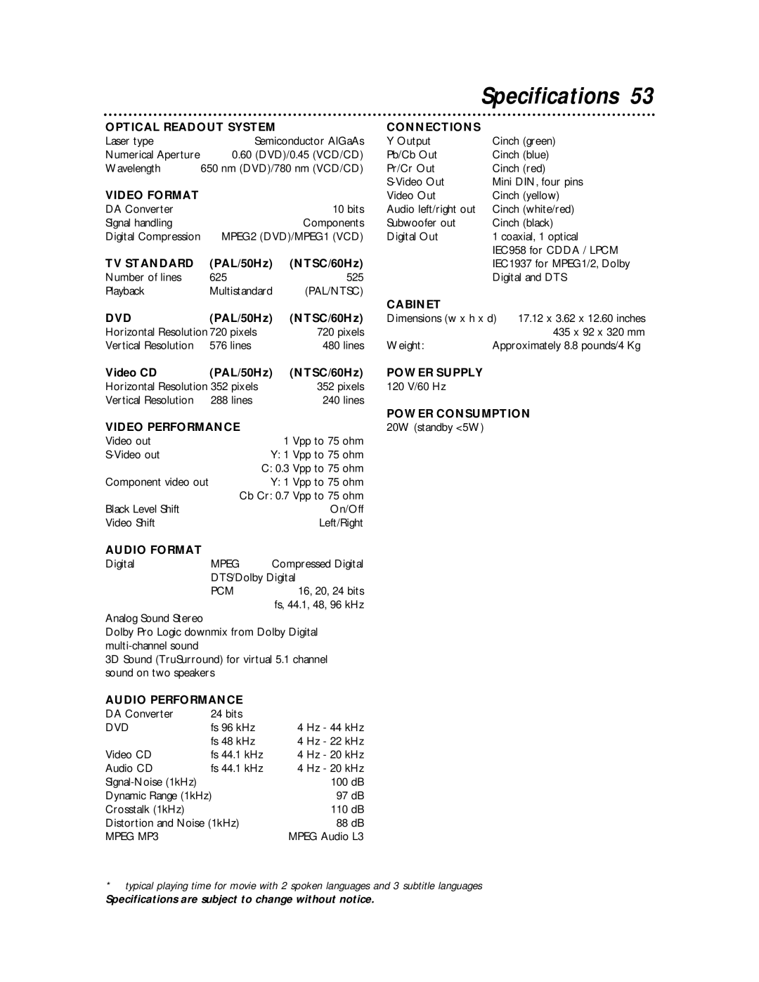 Philips DVD712 owner manual Specifications, Video CD PAL/50Hz NTSC/60Hz 