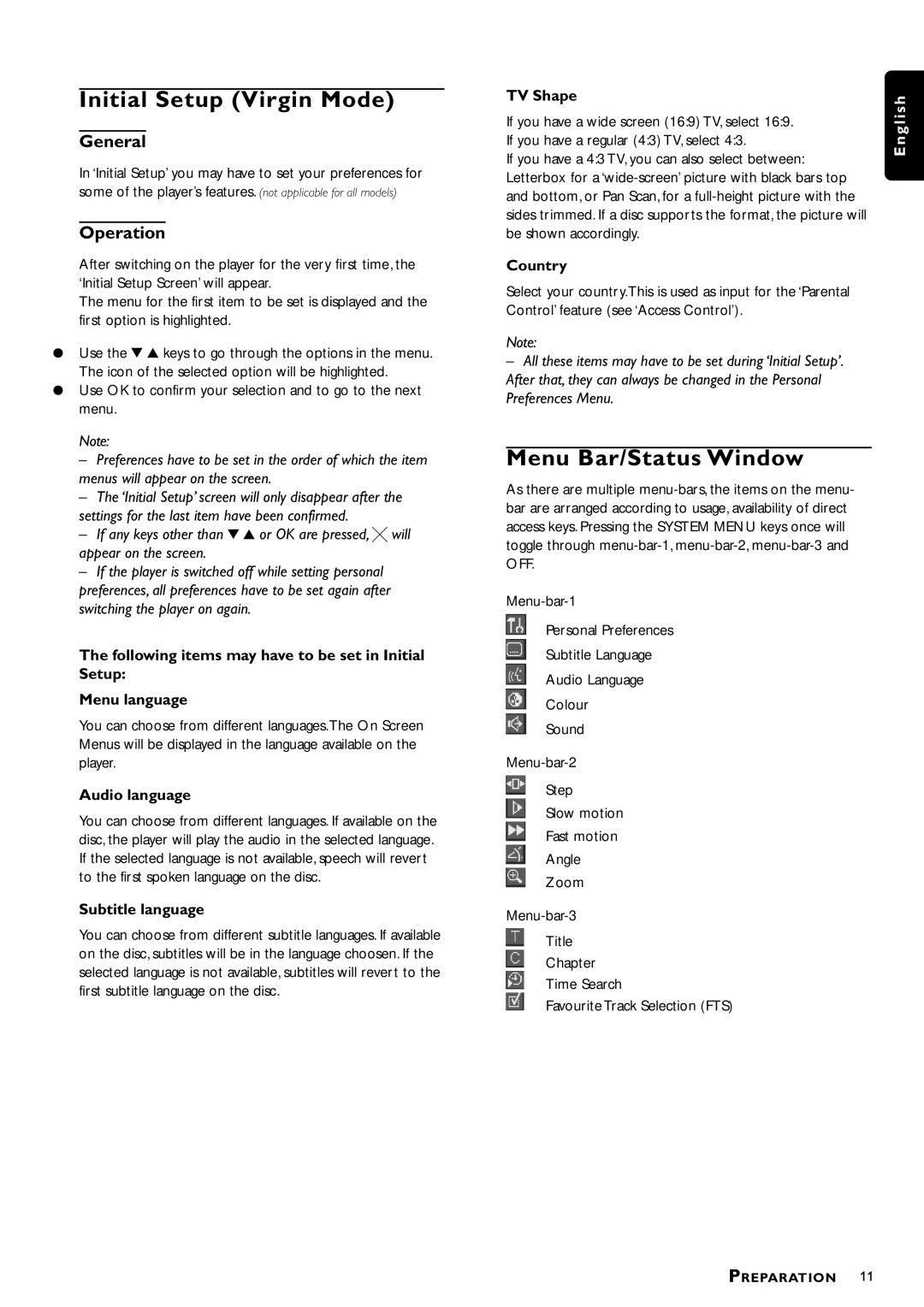 Philips DVD712/G51 manual Initial Setup Virgin Mode, Menu Bar/Status Window, General, Operation 