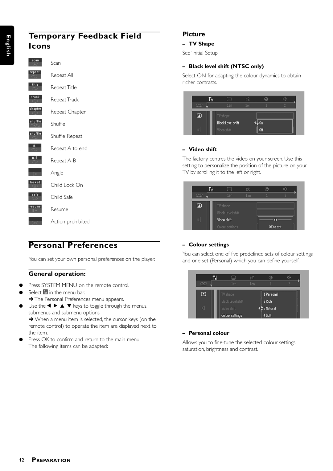 Philips DVD712/G51 manual Temporary Feedback Field, Icons, Personal Preferences, General operation 