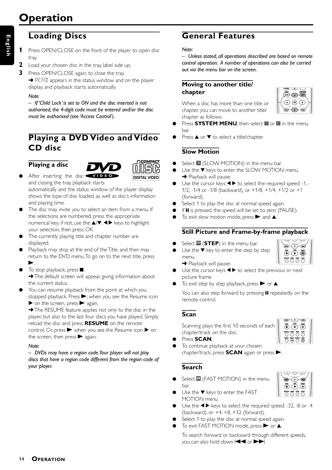 Philips DVD712/G51 manual Operation, Loading Discs, Playing a DVD Video and Video CD disc, General Features 