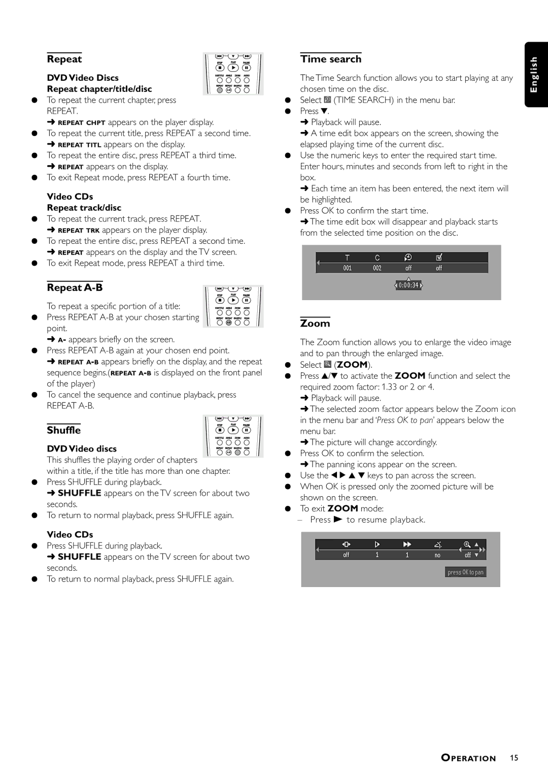 Philips DVD712/G51 manual Repeat A-B, Shuffle, Zoom 