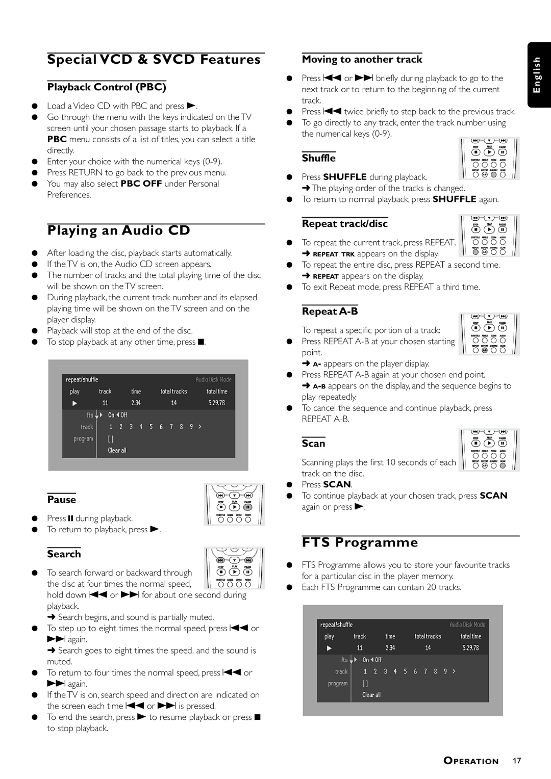 Philips DVD712/G51 manual Special VCD & Svcd Features, Playing an Audio CD, FTS Programme 