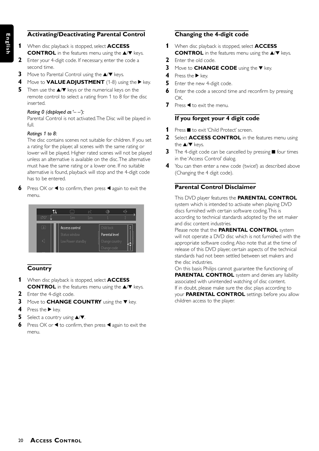 Philips DVD712/G51 manual Activating/Deactivating Parental Control, Country, Changing the 4-digit code 