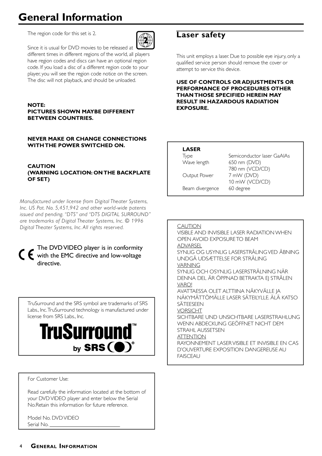 Philips DVD712/G51 manual General Information, Laser safety, Region code for this set is, Model No. DVD Video Serial No 