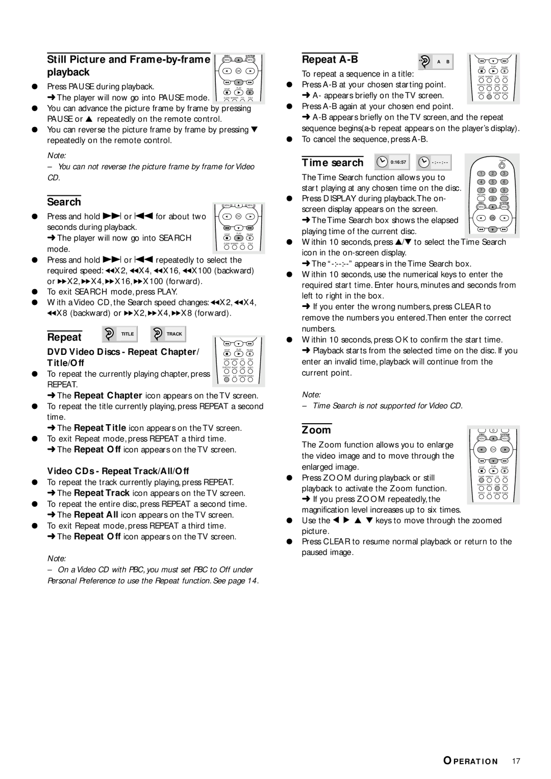 Philips DVD714 owner manual Still Picture and Frame-by-frame, Playback, Search, Repeat A-B, Time search, Zoom 