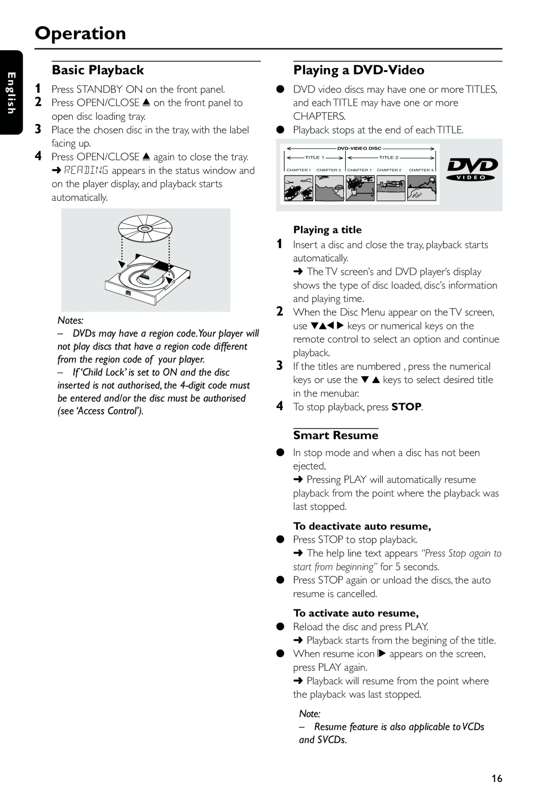 Philips DVD723 manual Operation, Basic Playback, Playing a DVD-Video, Smart Resume 