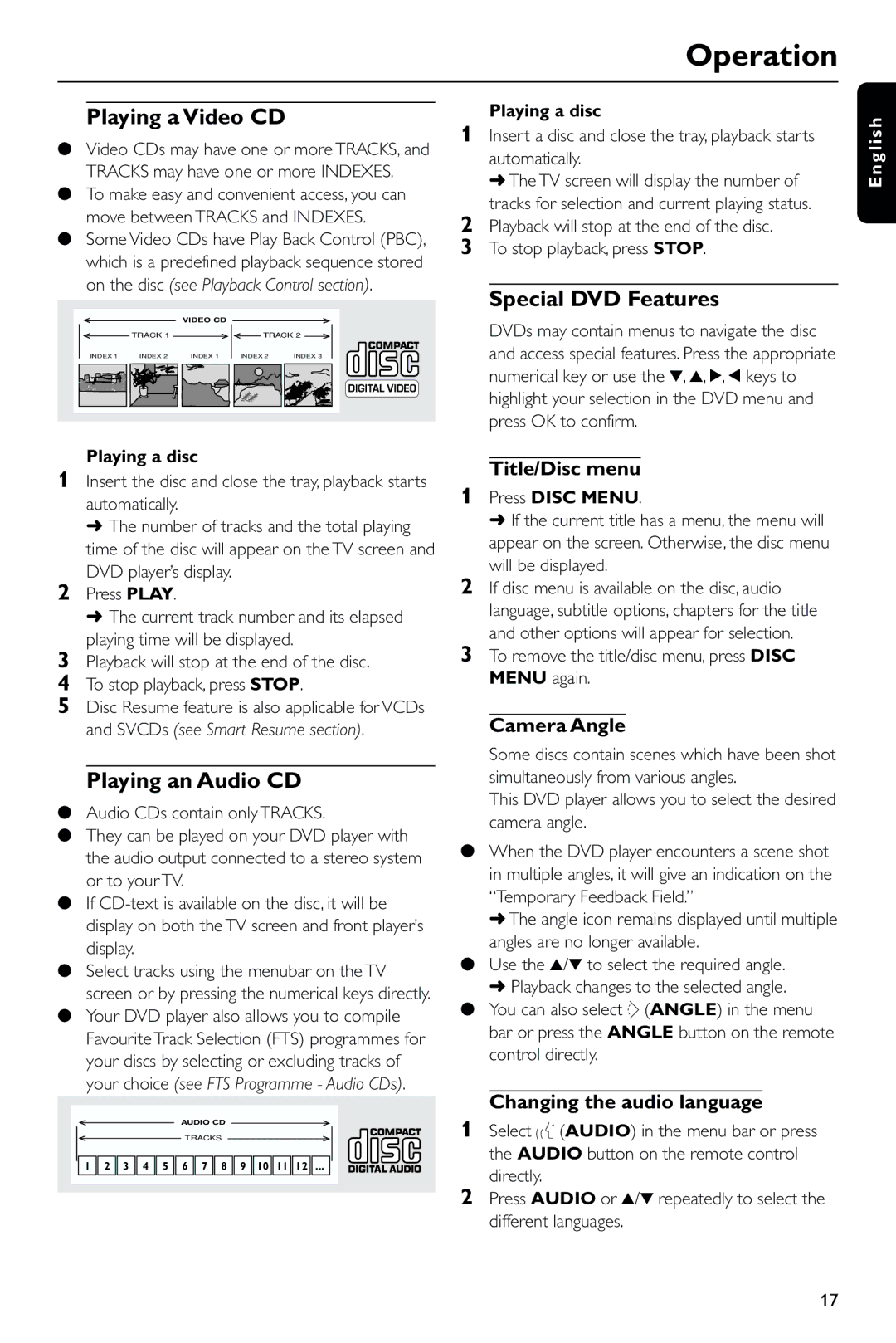 Philips DVD723 manual Playing a Video CD, Special DVD Features, Playing an Audio CD 