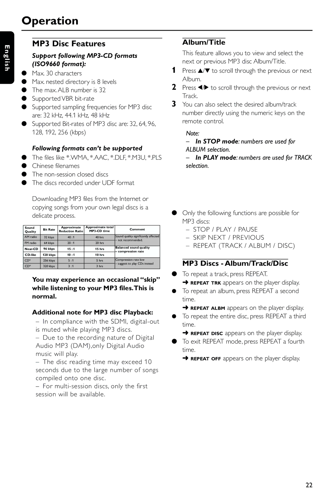 Philips DVD723 manual MP3 Disc Features, Album/Title, MP3 Discs Album/Track/Disc, Time 