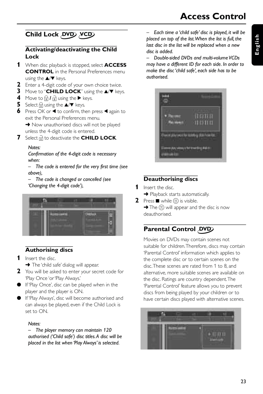Philips DVD723 manual Access Control, Child Lock DVD VCD, Parental Control DVD 