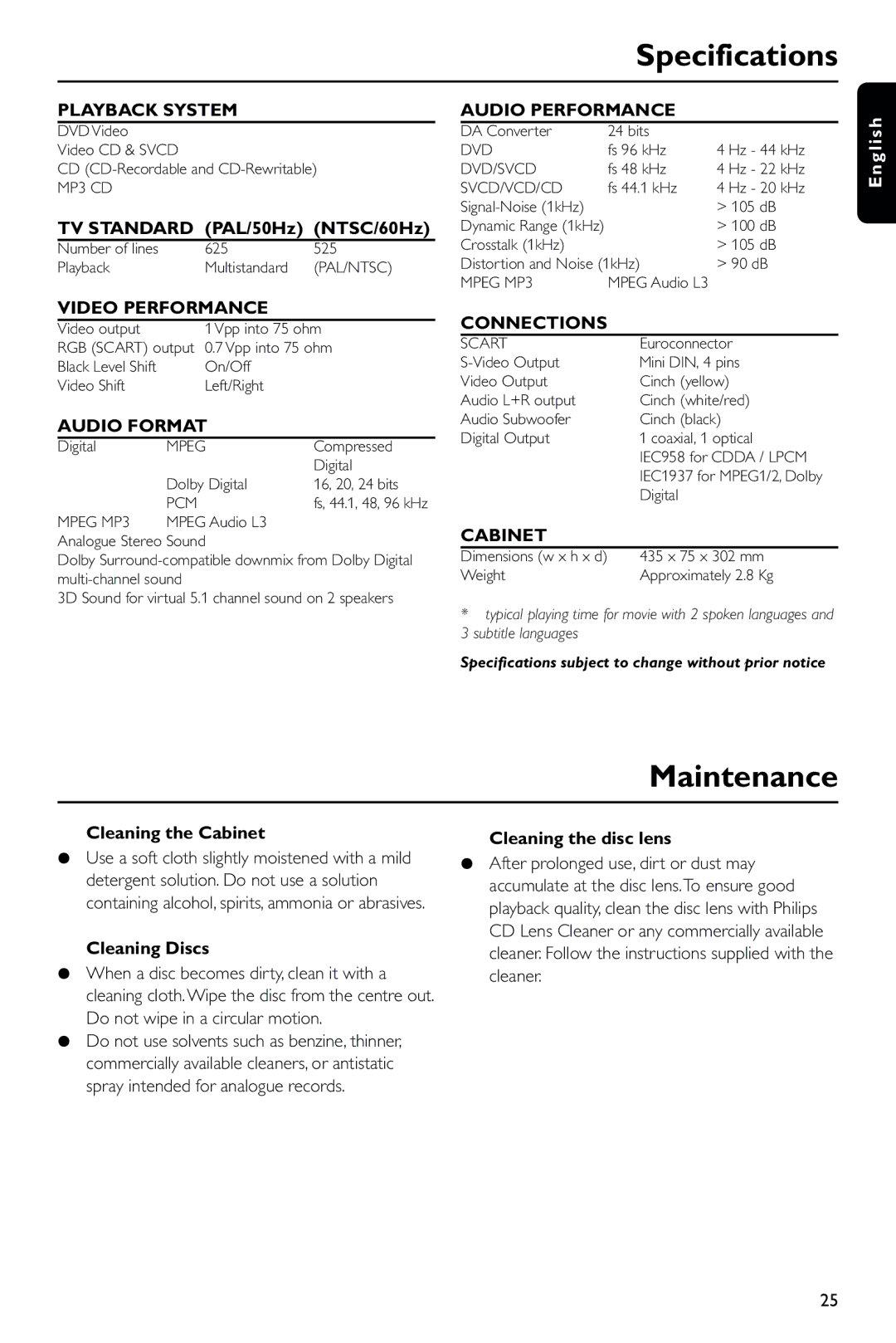 Philips DVD723 manual Specifications, Maintenance 