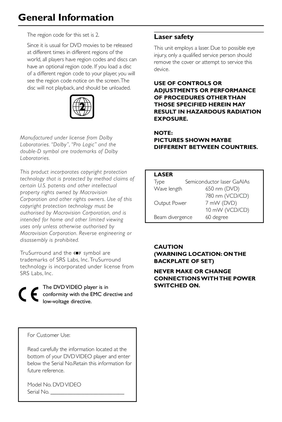 Philips DVD723 manual General Information, Laser safety, Pictures Shown Maybe Different Between Countries Laser 