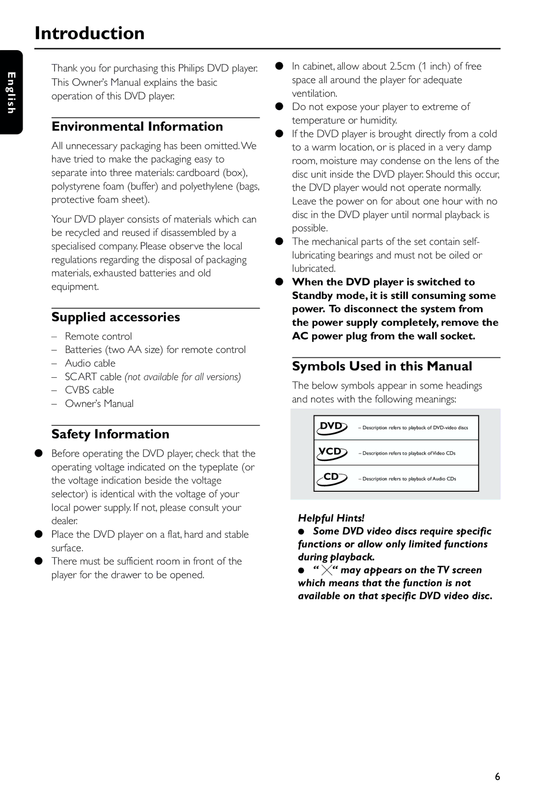 Philips DVD723 manual Introduction, Environmental Information, Supplied accessories, Safety Information 