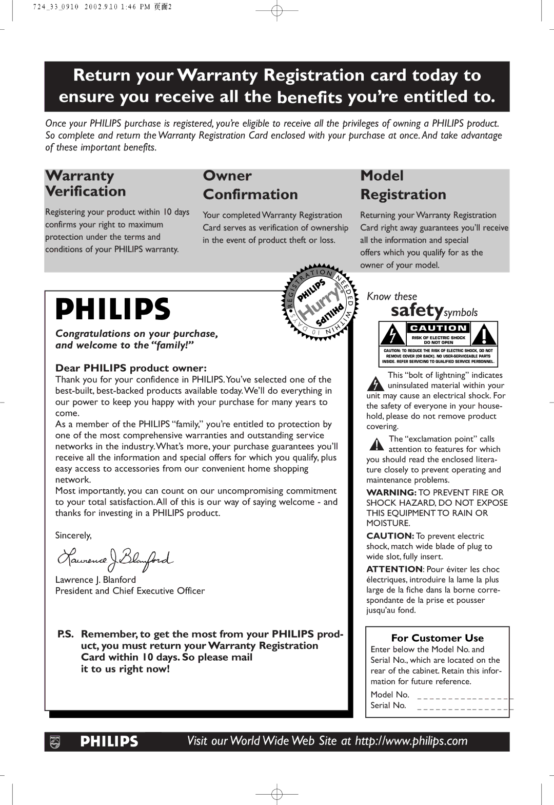 Philips DVD724P owner manual Dear Philips product owner, Remember, to get the most from your Philips prod, For Customer Use 