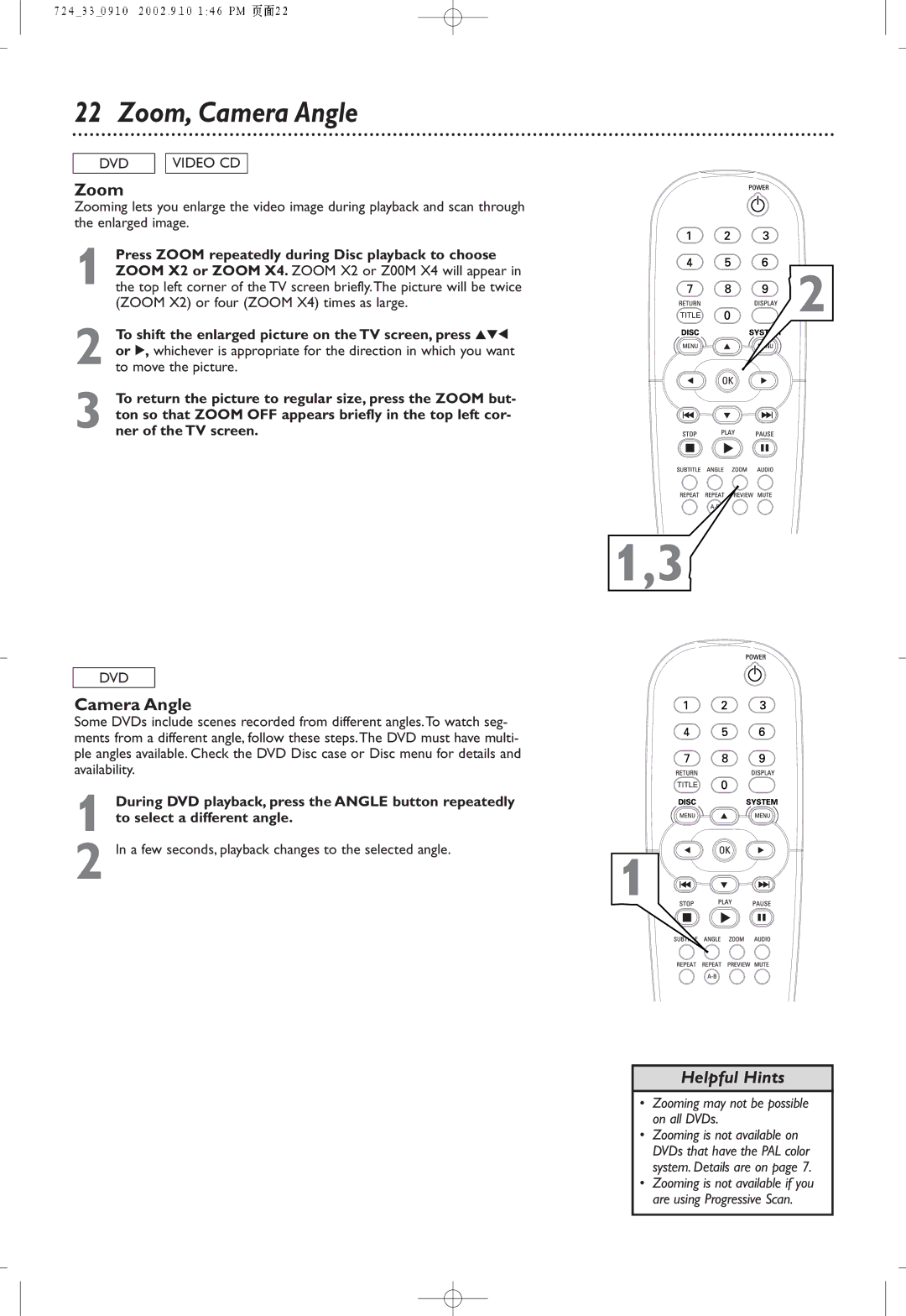 Philips DVD724P owner manual Zoom, Camera Angle 