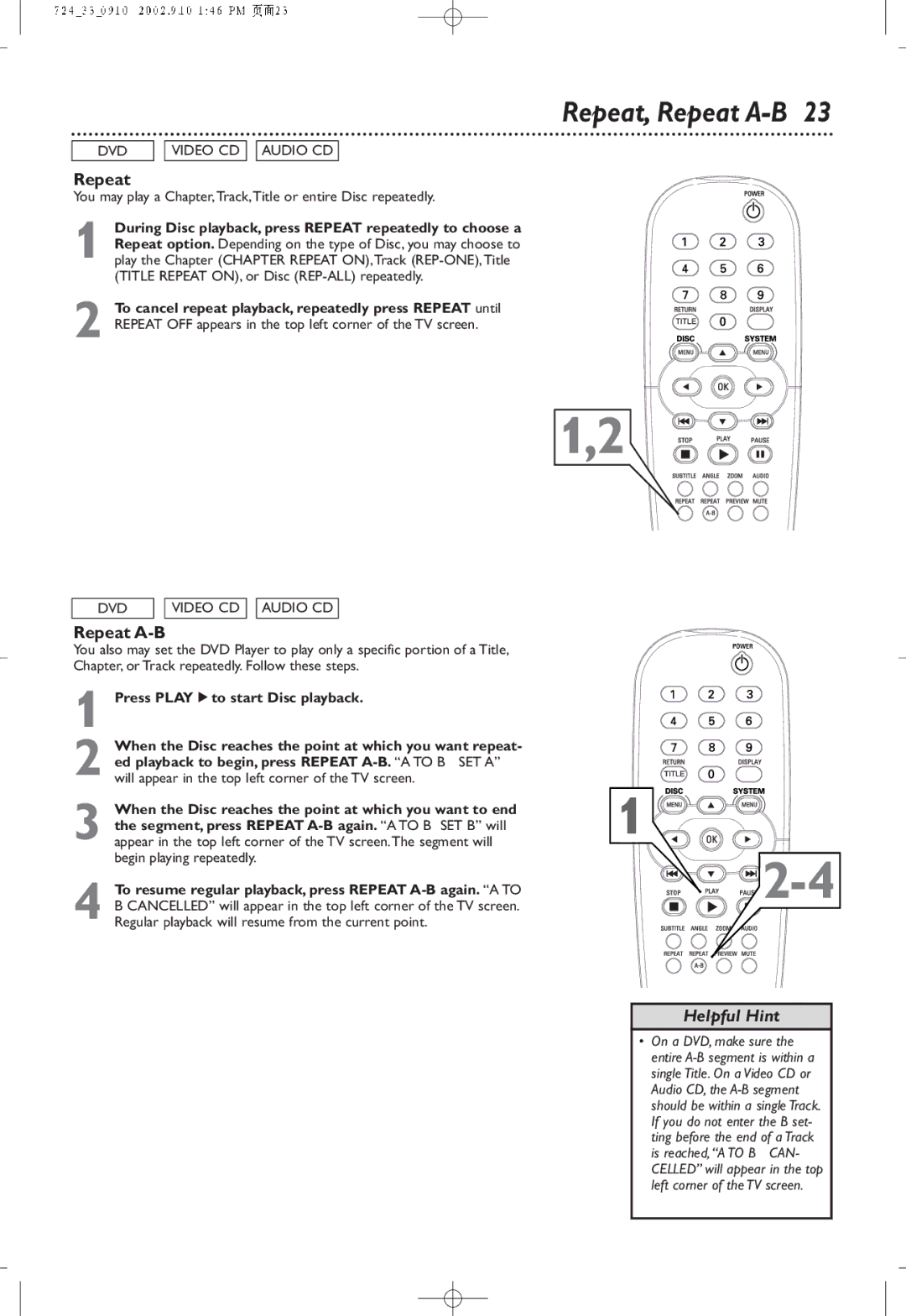 Philips DVD724P owner manual Repeat, Repeat A-B 