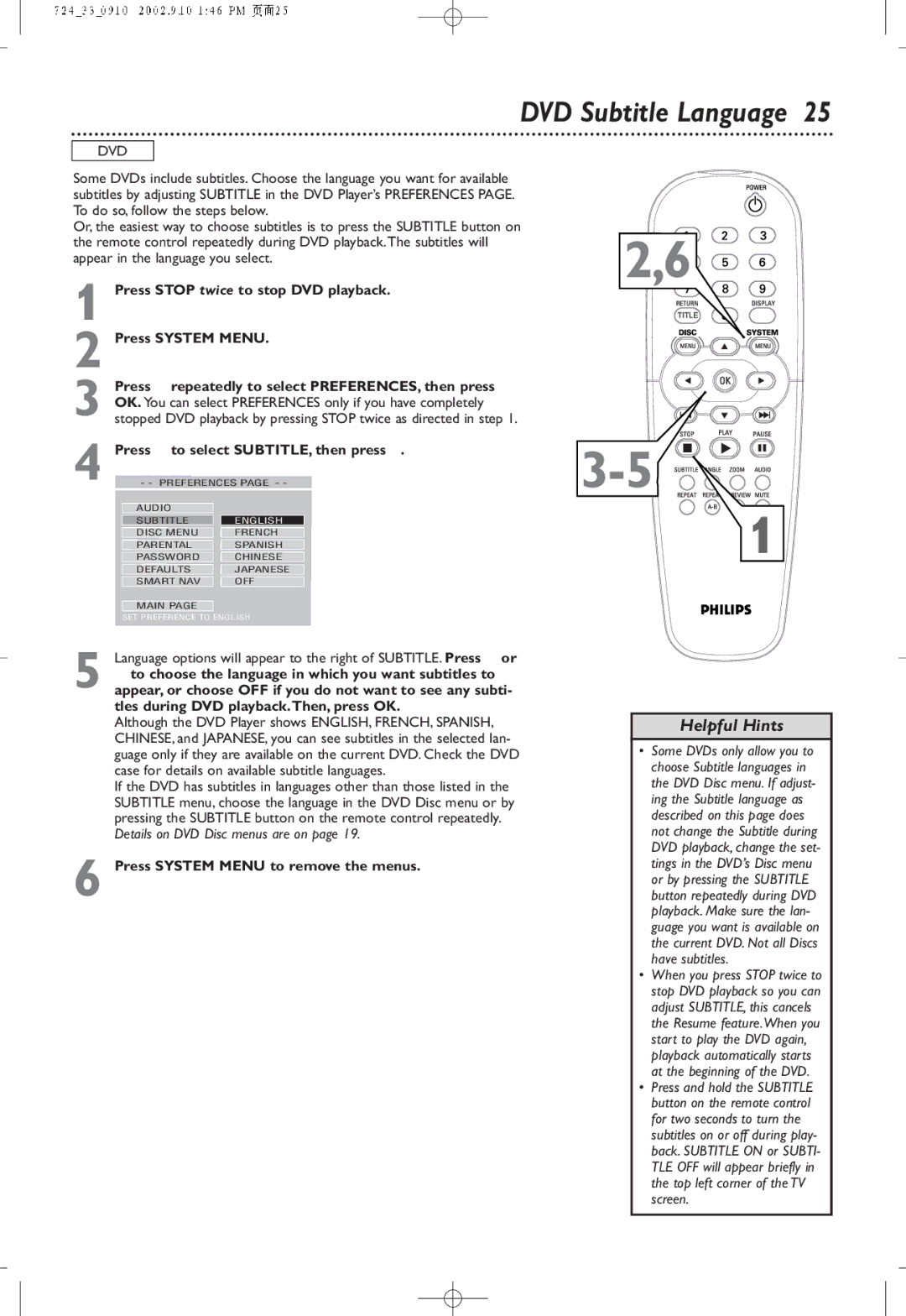 Philips DVD724P owner manual DVD Subtitle Language, Press 4 to select SUBTITLE, then press 