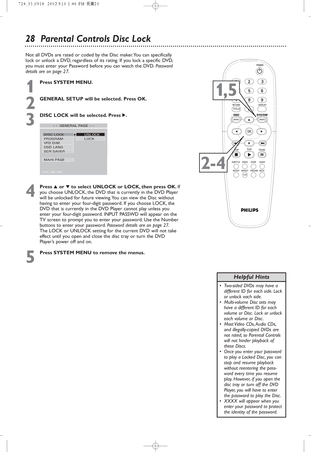 Philips DVD724P owner manual Parental Controls Disc Lock 