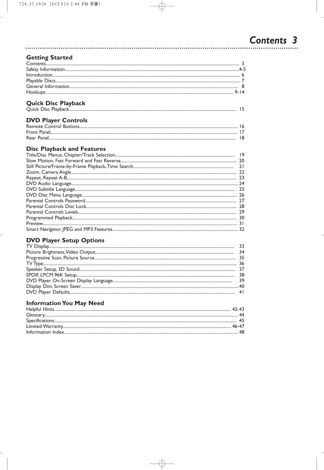 Philips DVD724P owner manual Contents 