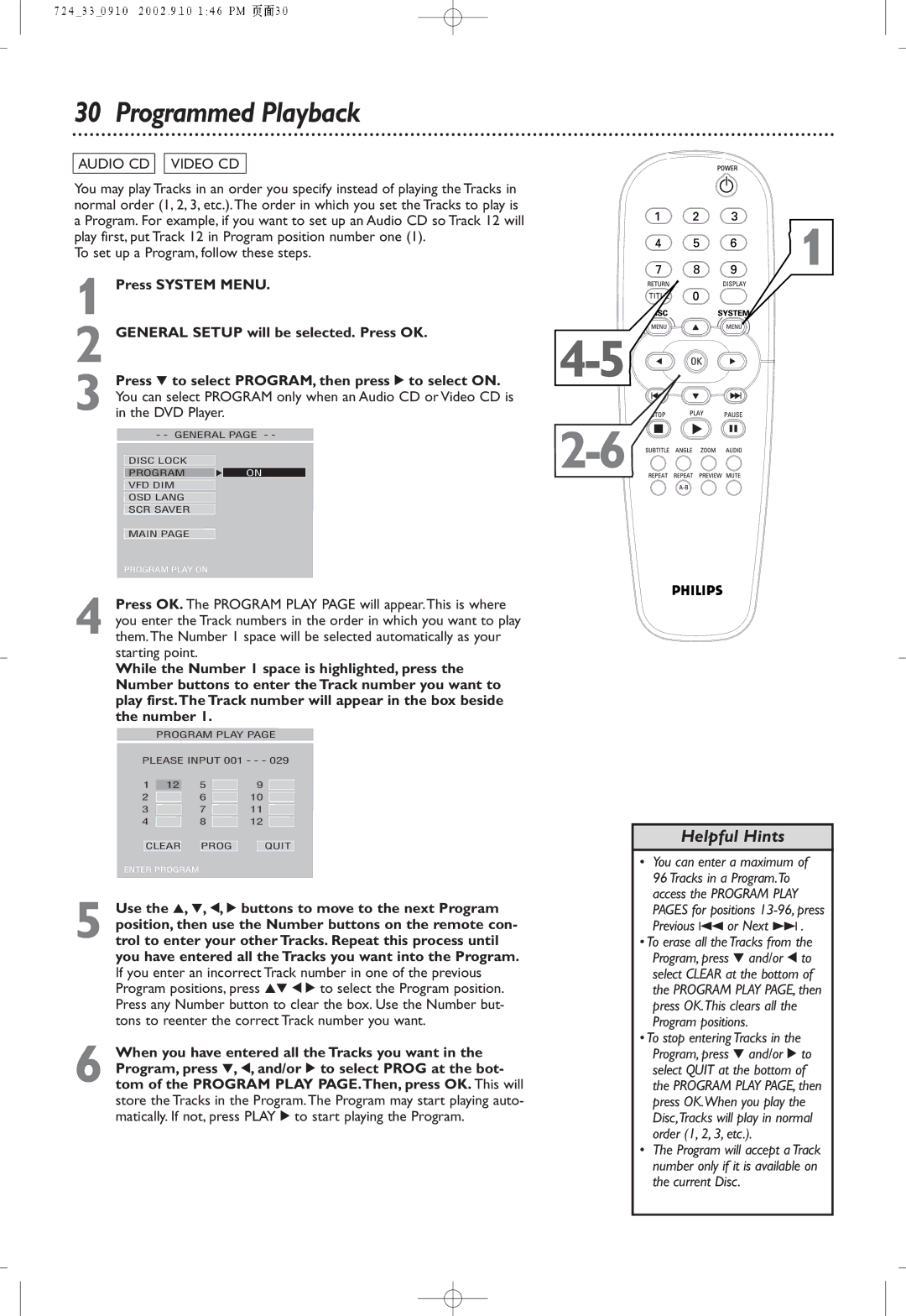 Philips DVD724P owner manual Programmed Playback, While the Number 1 space is highlighted, press 