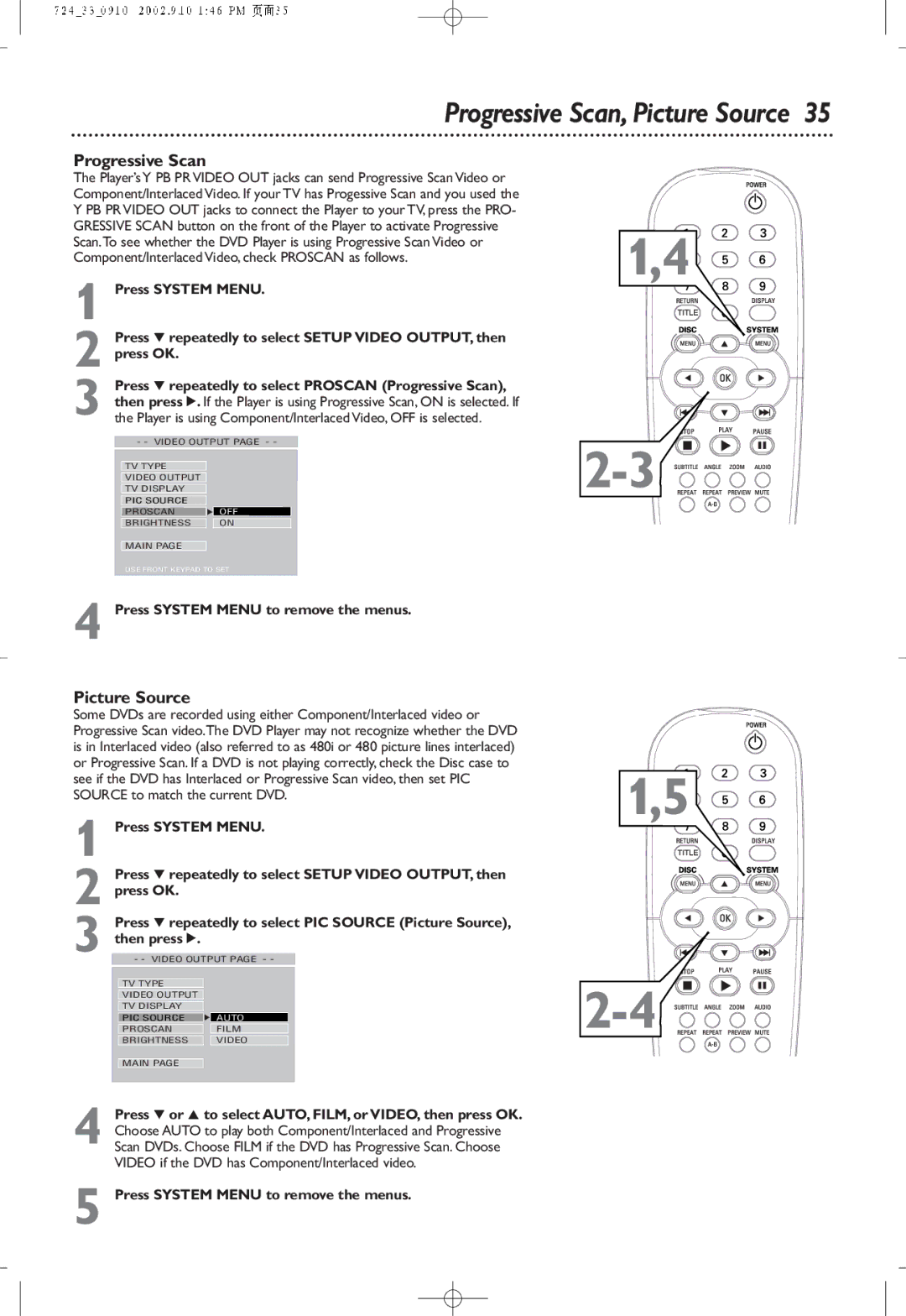 Philips DVD724P owner manual Progressive Scan, Picture Source, Then press 