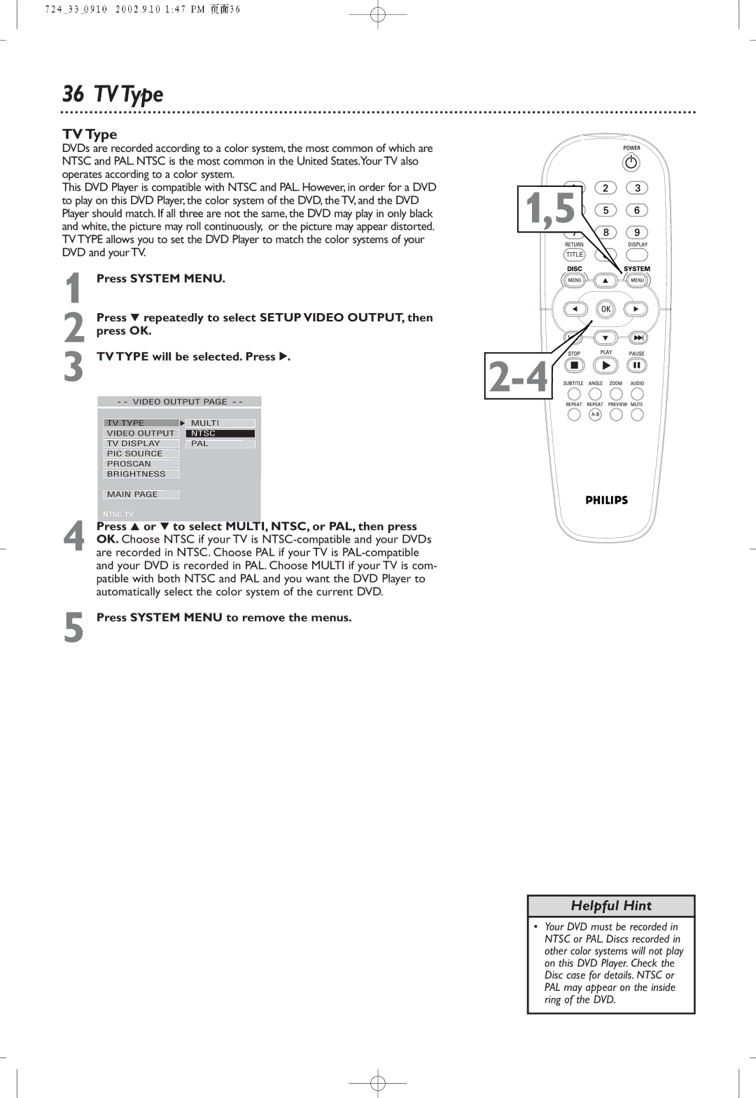 Philips DVD724P owner manual TVType, TV Type 