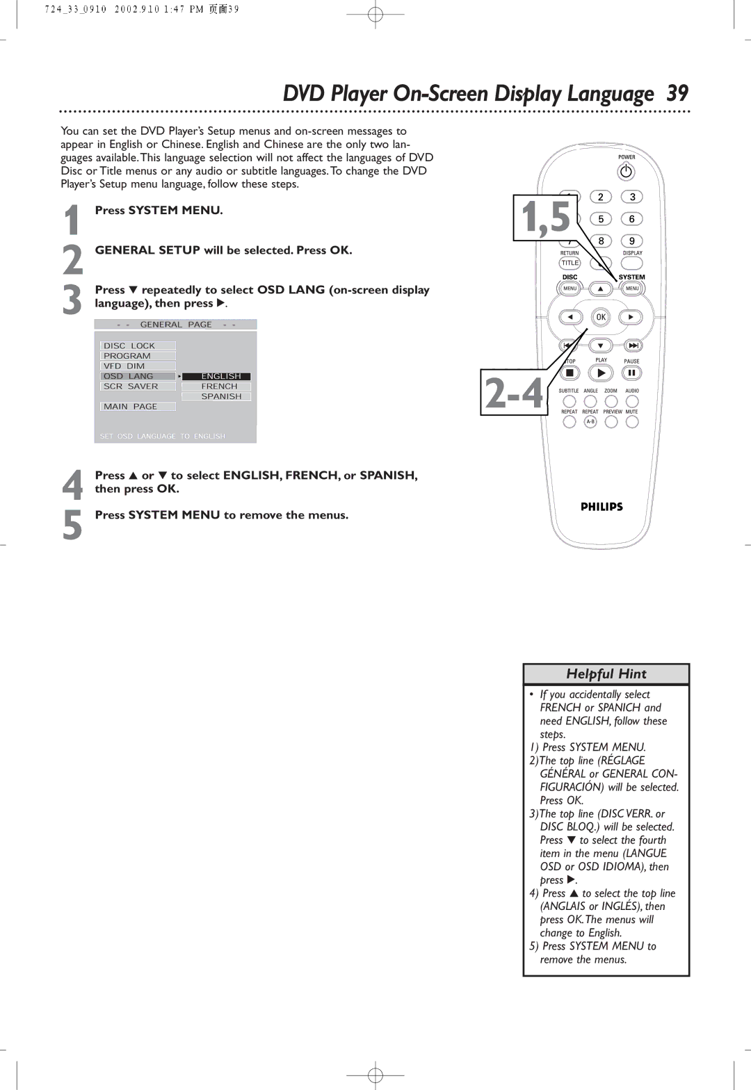 Philips DVD724P owner manual DVD Player On-Screen Display Language, Press System Menu 