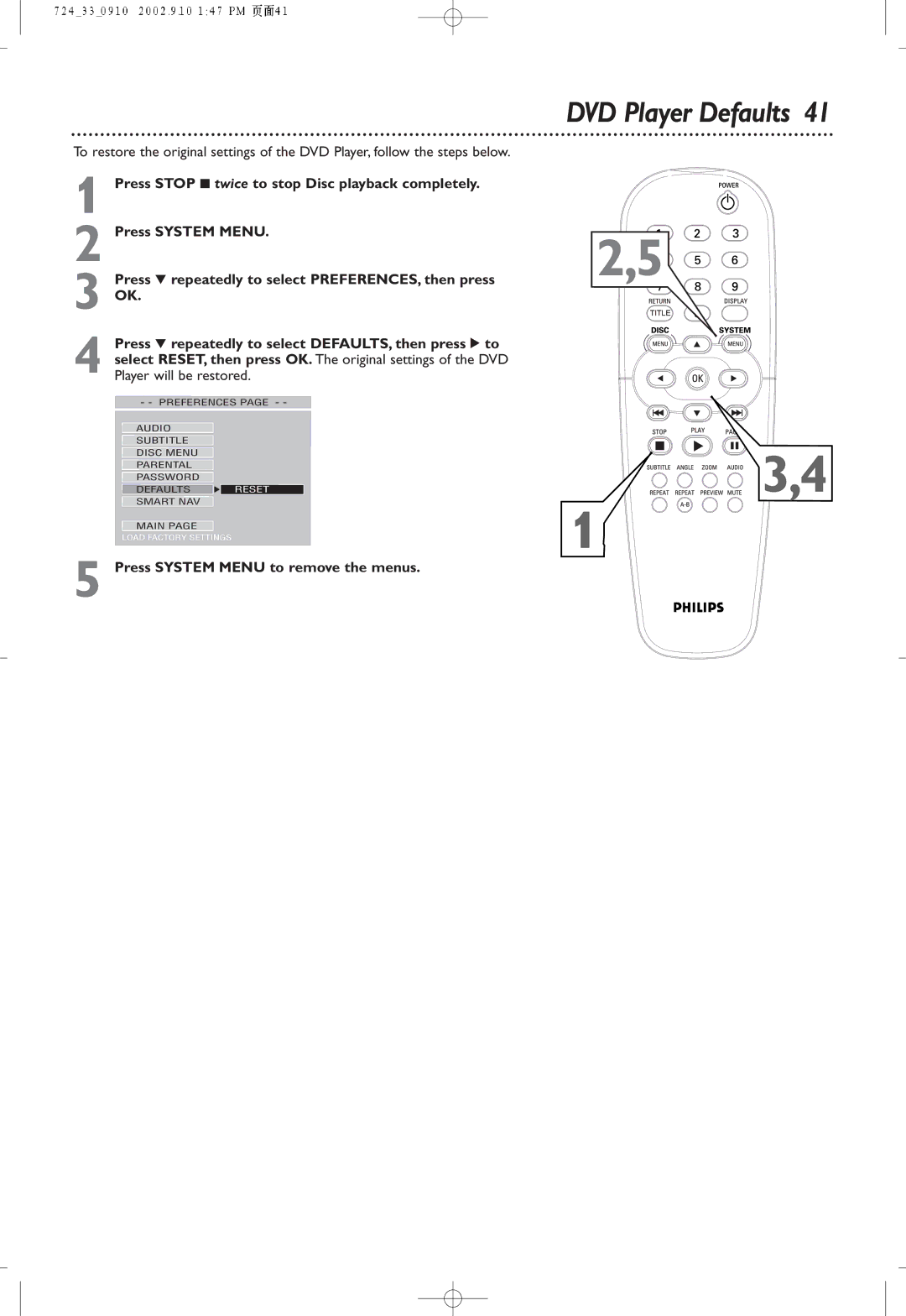 Philips DVD724P owner manual DVD Player Defaults 