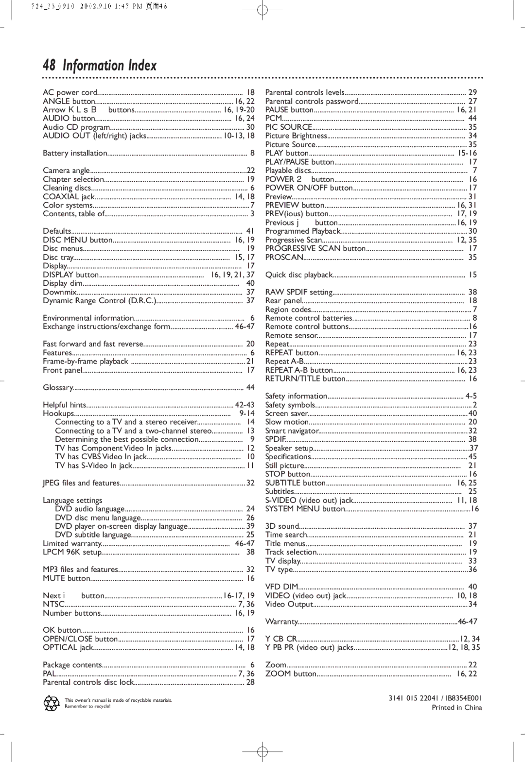 Philips DVD724P owner manual Information Index, Audio OUT left/right jacks 