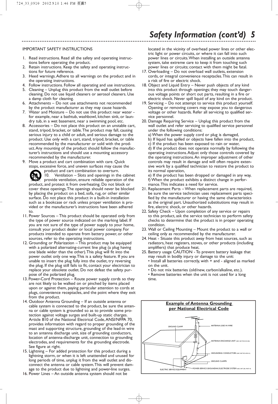 Philips DVD724P owner manual Safety Information cont’d, Example of Antenna Grounding per National Electrical Code 