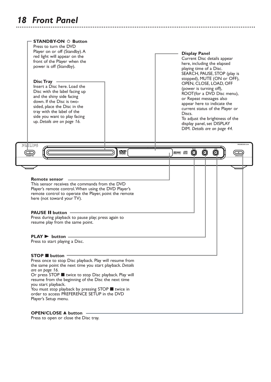 Philips DVD726 owner manual Front Panel 