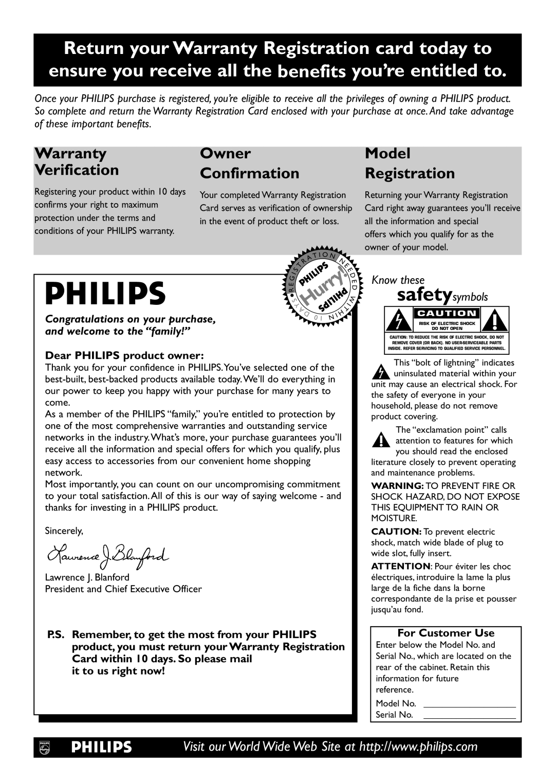 Philips DVD726 owner manual Dear Philips product owner, Remember, to get the most from your Philips, For Customer Use 