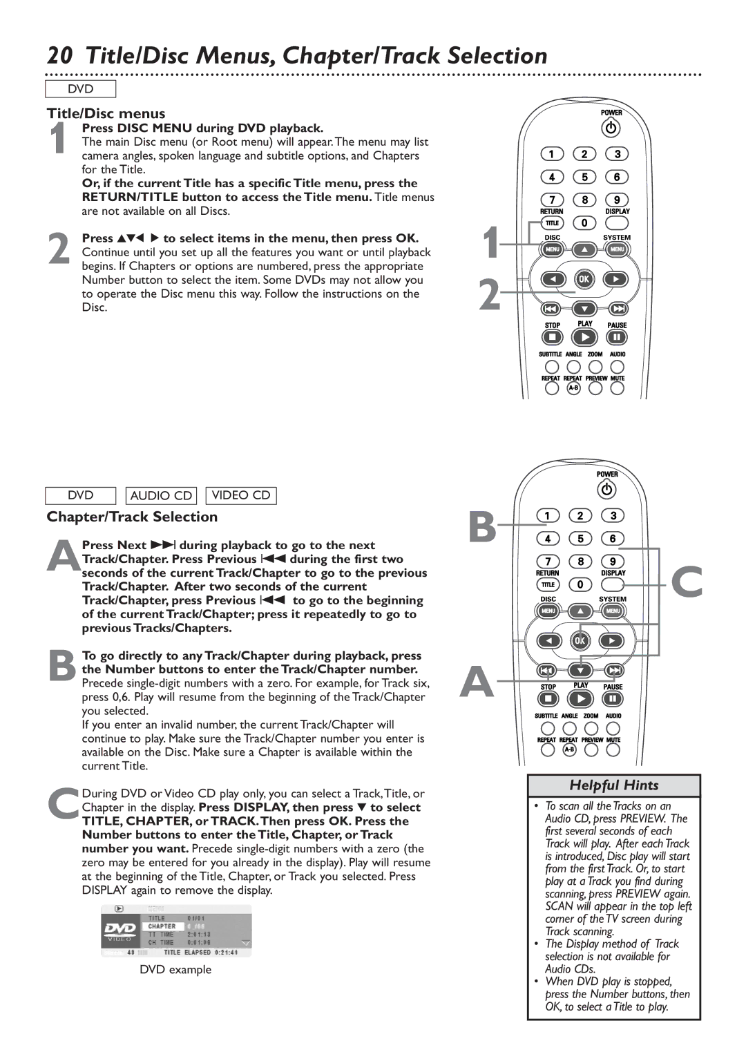 Philips DVD726 Title/Disc Menus, Chapter/Track Selection, Title/Disc menus, Press Disc Menu during DVD playback 