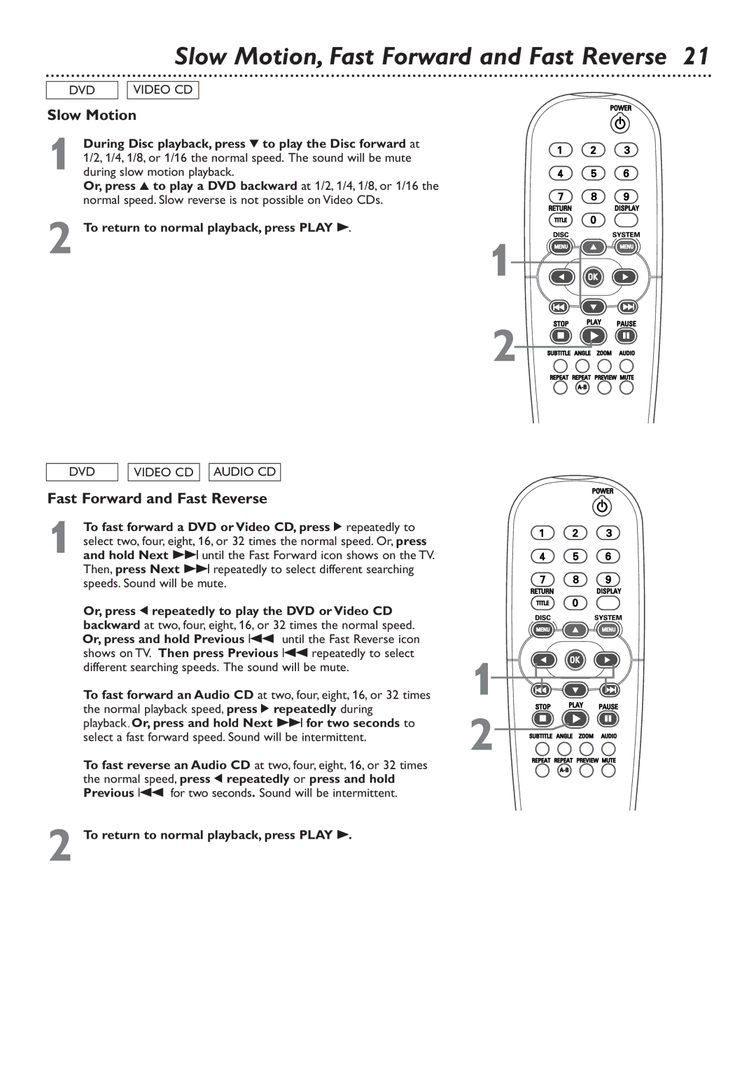 Philips DVD726 owner manual Slow Motion, Fast Forward and Fast Reverse 