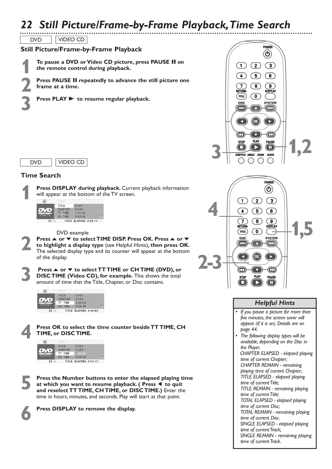 Philips DVD726 owner manual Still Picture/Frame-by-Frame Playback,Time Search 