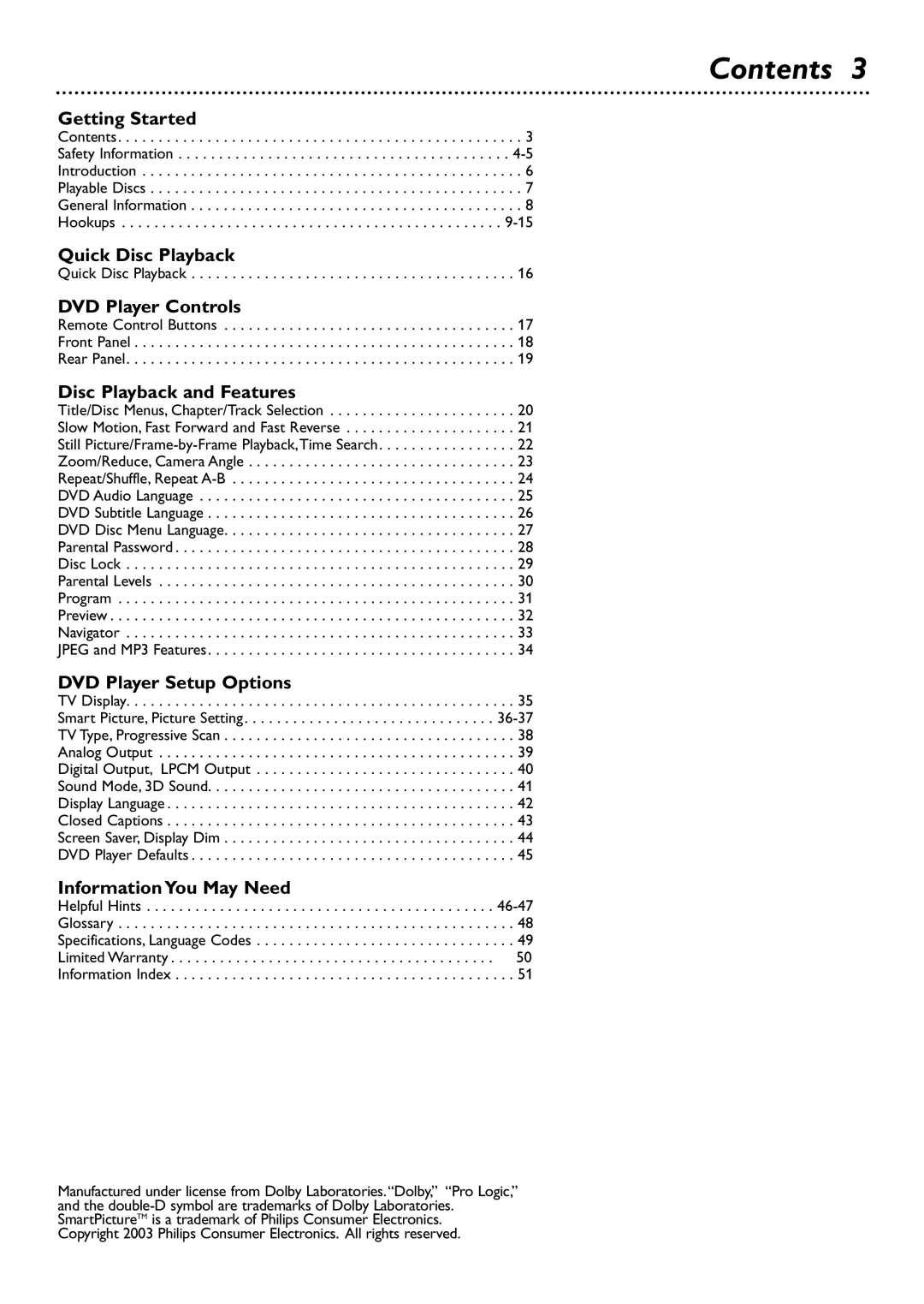 Philips DVD726 owner manual Contents 