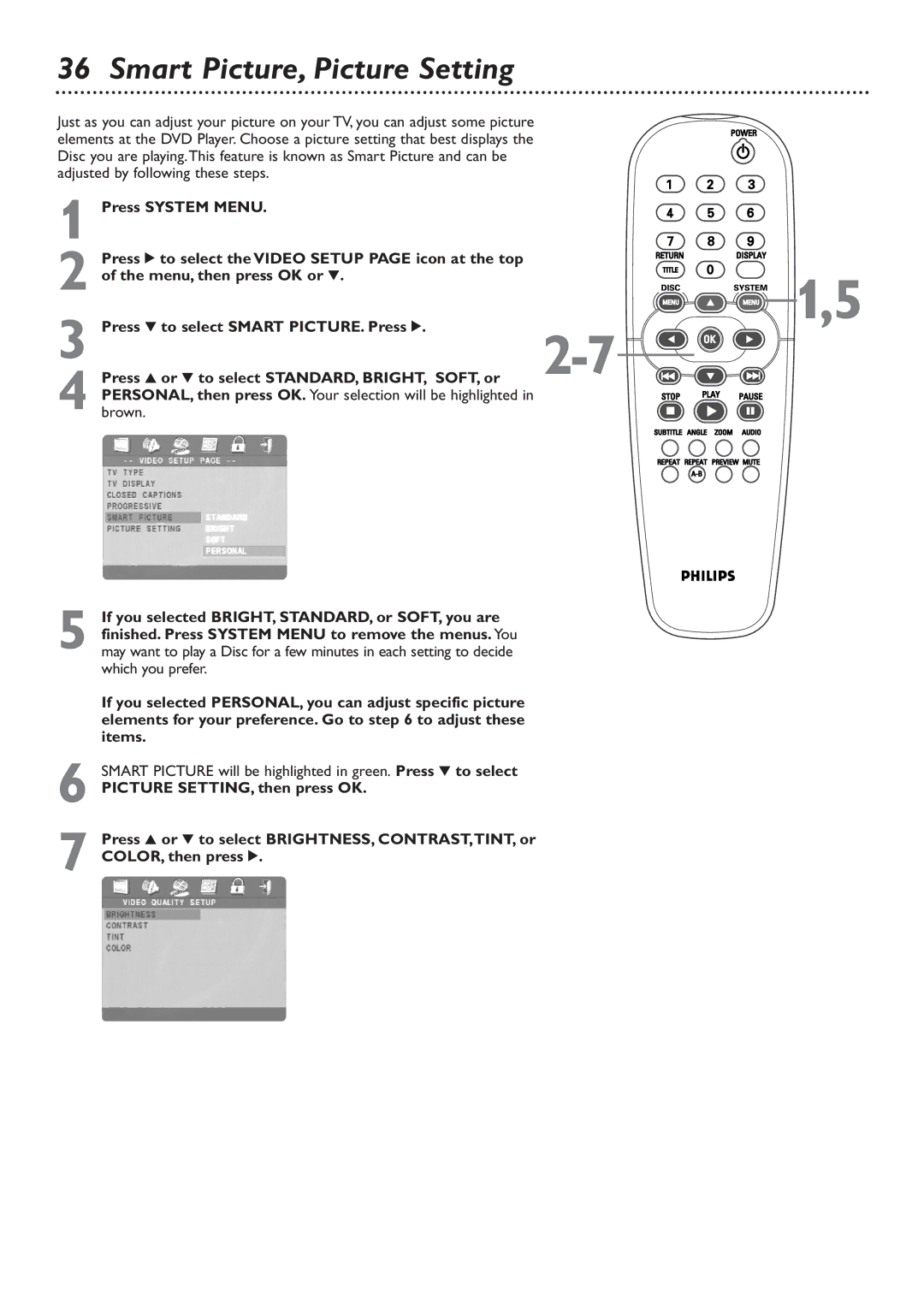 Philips DVD726 owner manual Smart Picture, Picture Setting 