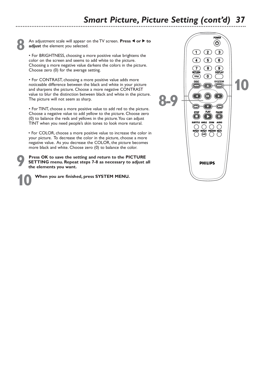 Philips DVD726 owner manual Smart Picture, Picture Setting cont’d 