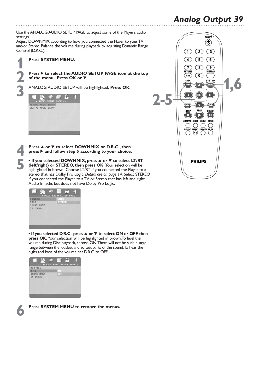 Philips DVD726 owner manual Analog Output 